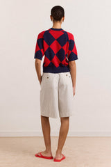 Edie Cotton Harlequin Cardigan - Red & Navy