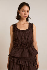everly ruffle blouse - choc taffeta
