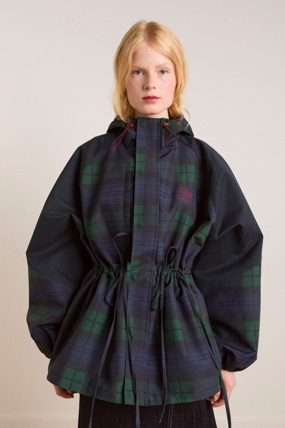 Navy Check Rain Coat | Cinched Waist Rain Jacket