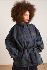 Navy Check Rain Coat | Cinched Waist Rain Jacket