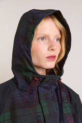 Navy Check Rain Coat | Cinched Waist Rain Jacket