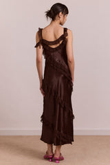 carmen midi ruffle dress with sheer top - choc