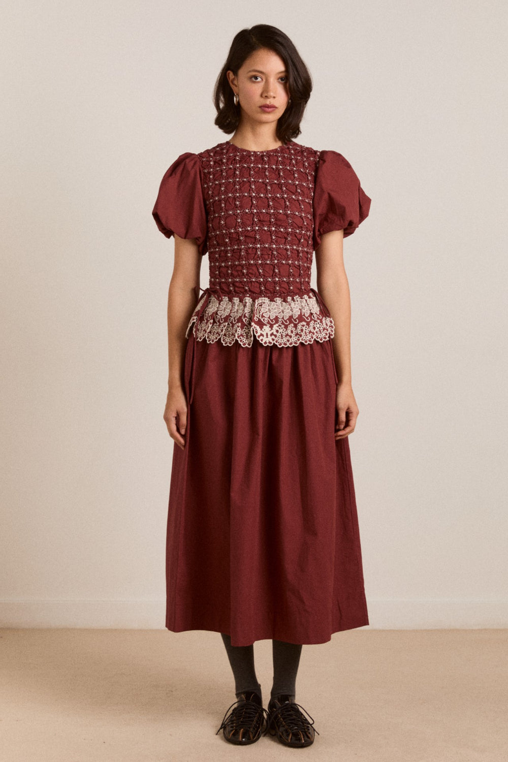 audrey midi dress - burg/butter stitching