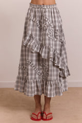 catie ruffle midi skirt - greyscale check