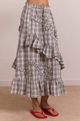 catie ruffle midi skirt - greyscale check