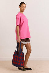 harlequinn raffia tote bag - navy & red