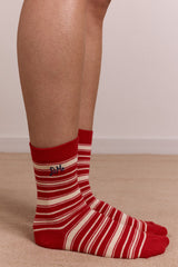 calf length socks - cream & red stripe