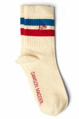 sporty calf length socks in cream - blue & red stripe
