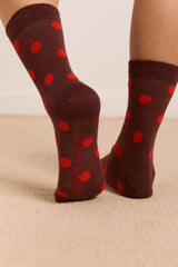 calf length socks in burg & red polka dot