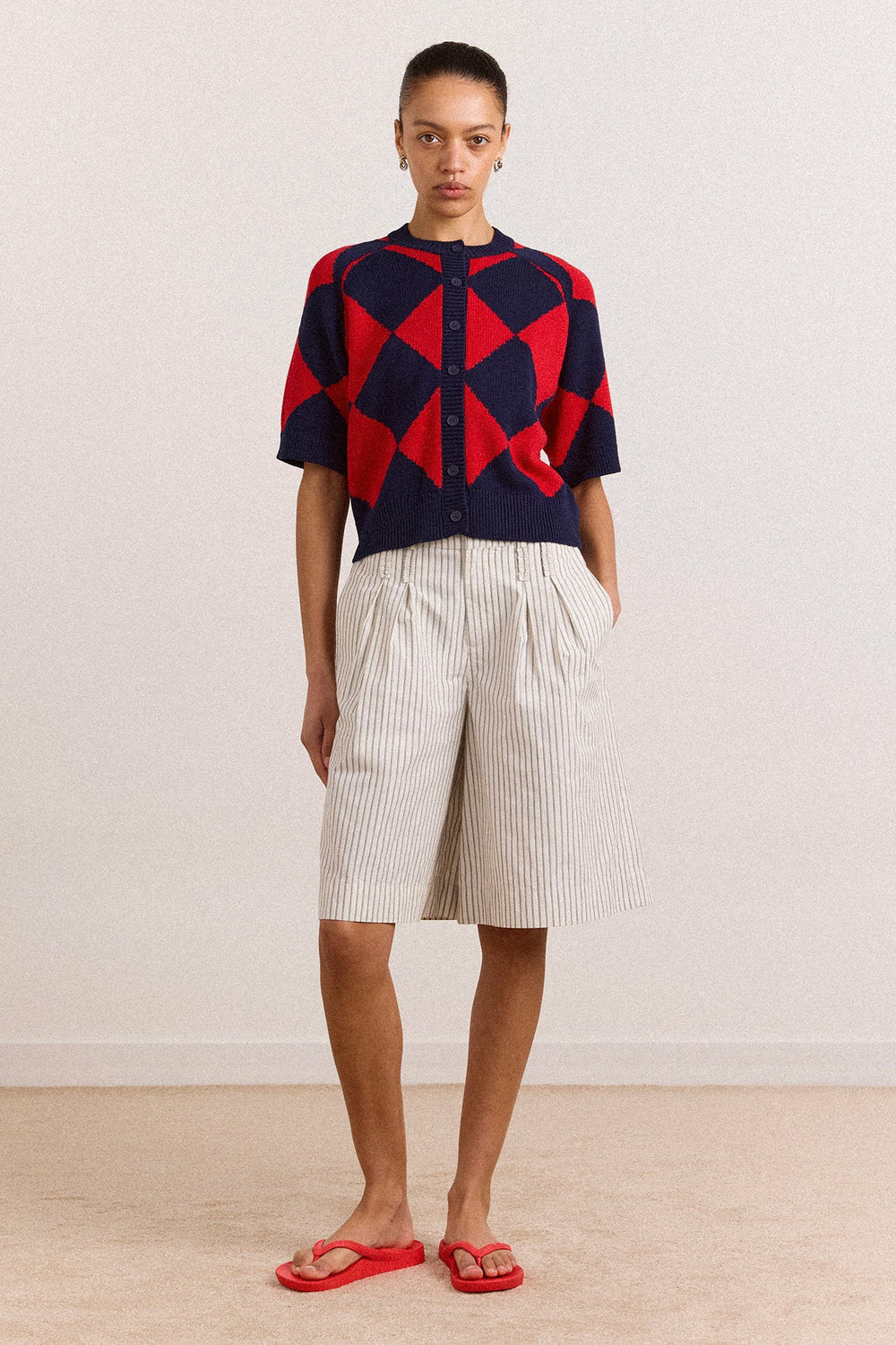 Edie Cotton Harlequin Cardigan - Red & Navy