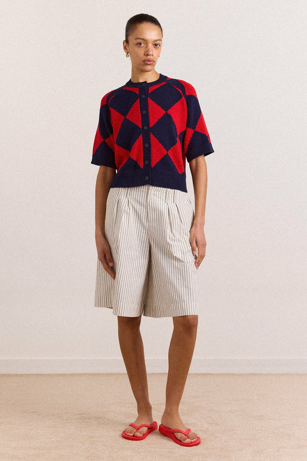 Edie Cotton Harlequin Cardigan - Red & Navy