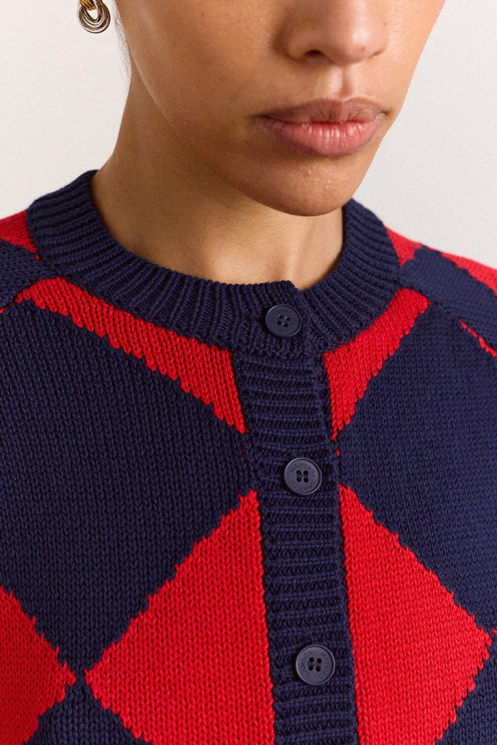 Edie Cotton Harlequin Cardigan - Red & Navy