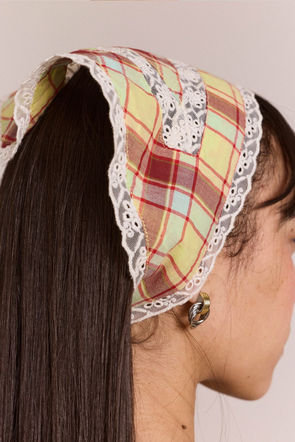 triangle headscarf with lace detail - celery check