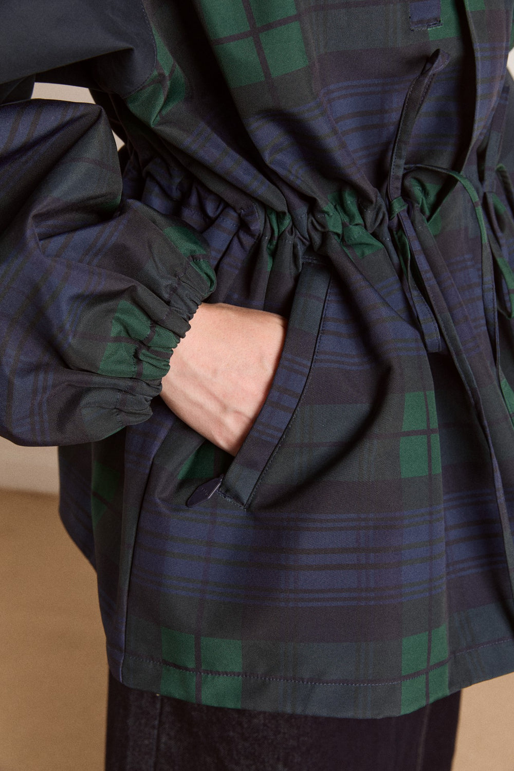 Navy Check Rain Coat | Cinched Waist Rain Jacket