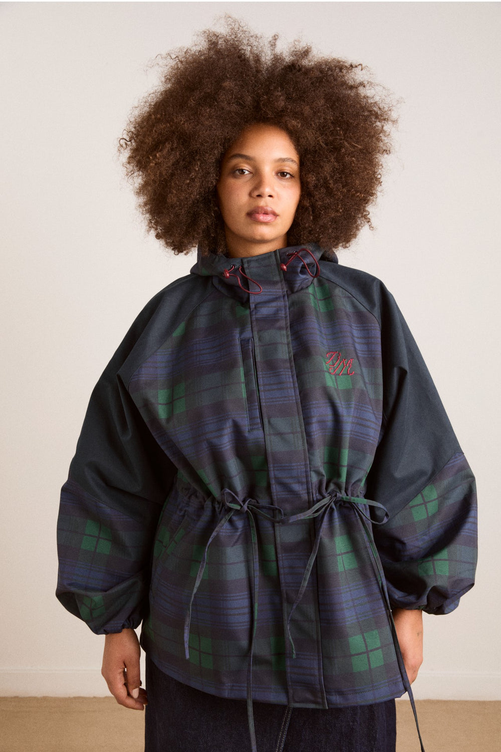 Navy Check Rain Coat | Cinched Waist Rain Jacket