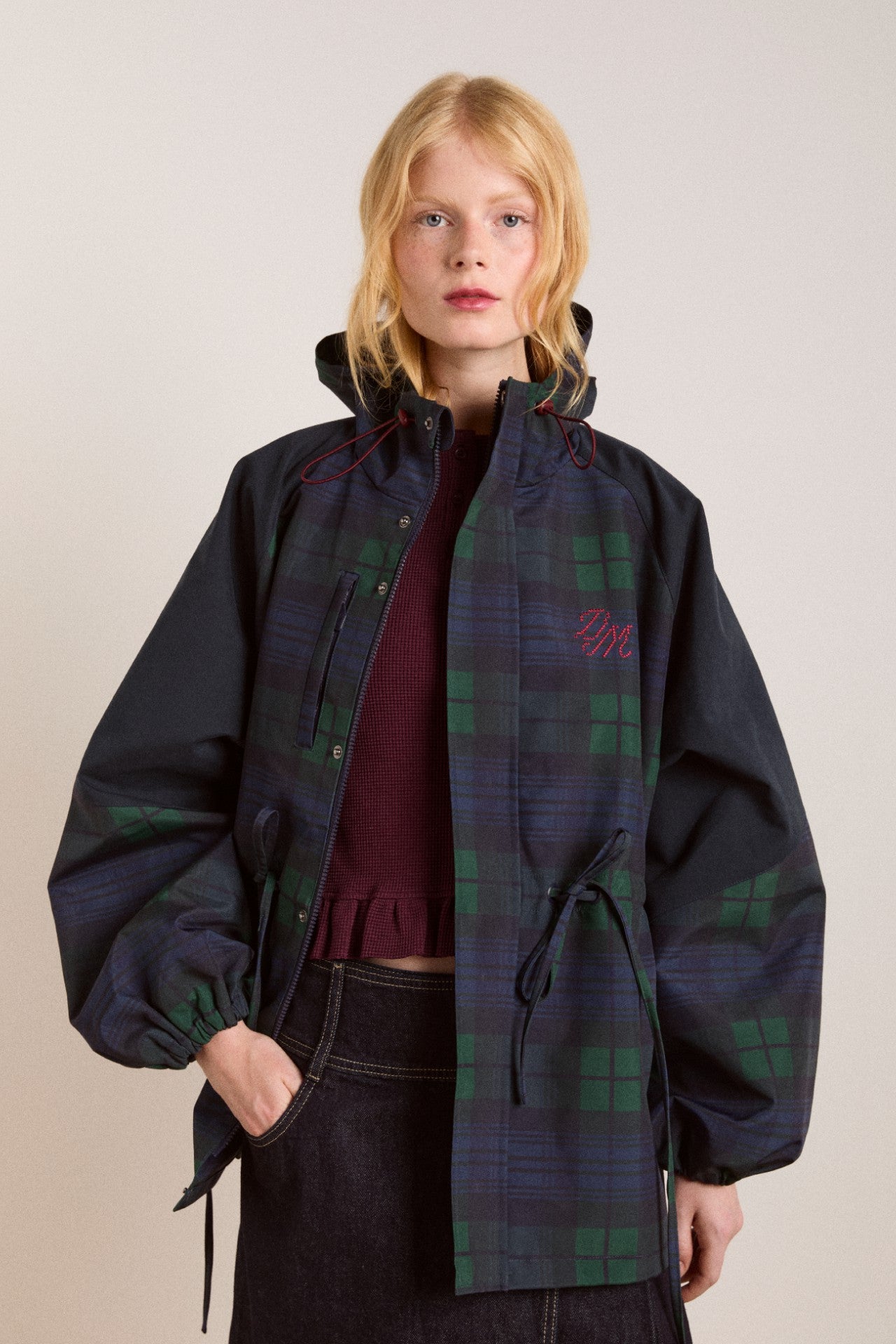 Navy Check Rain Coat | Cinched Waist Rain Jacket