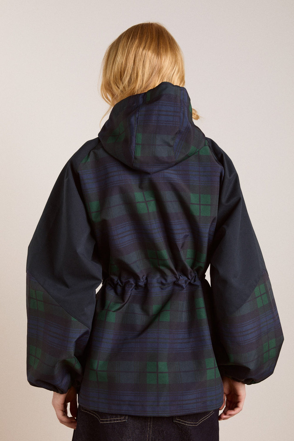 Navy Check Rain Coat | Cinched Waist Rain Jacket