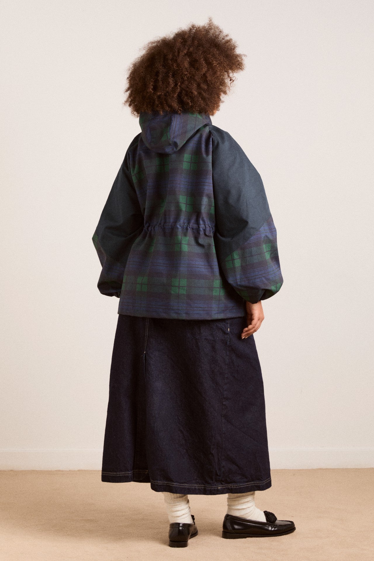 Navy Check Rain Coat | Cinched Waist Rain Jacket