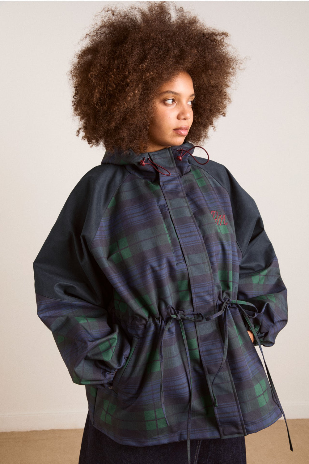 Navy Check Rain Coat | Cinched Waist Rain Jacket