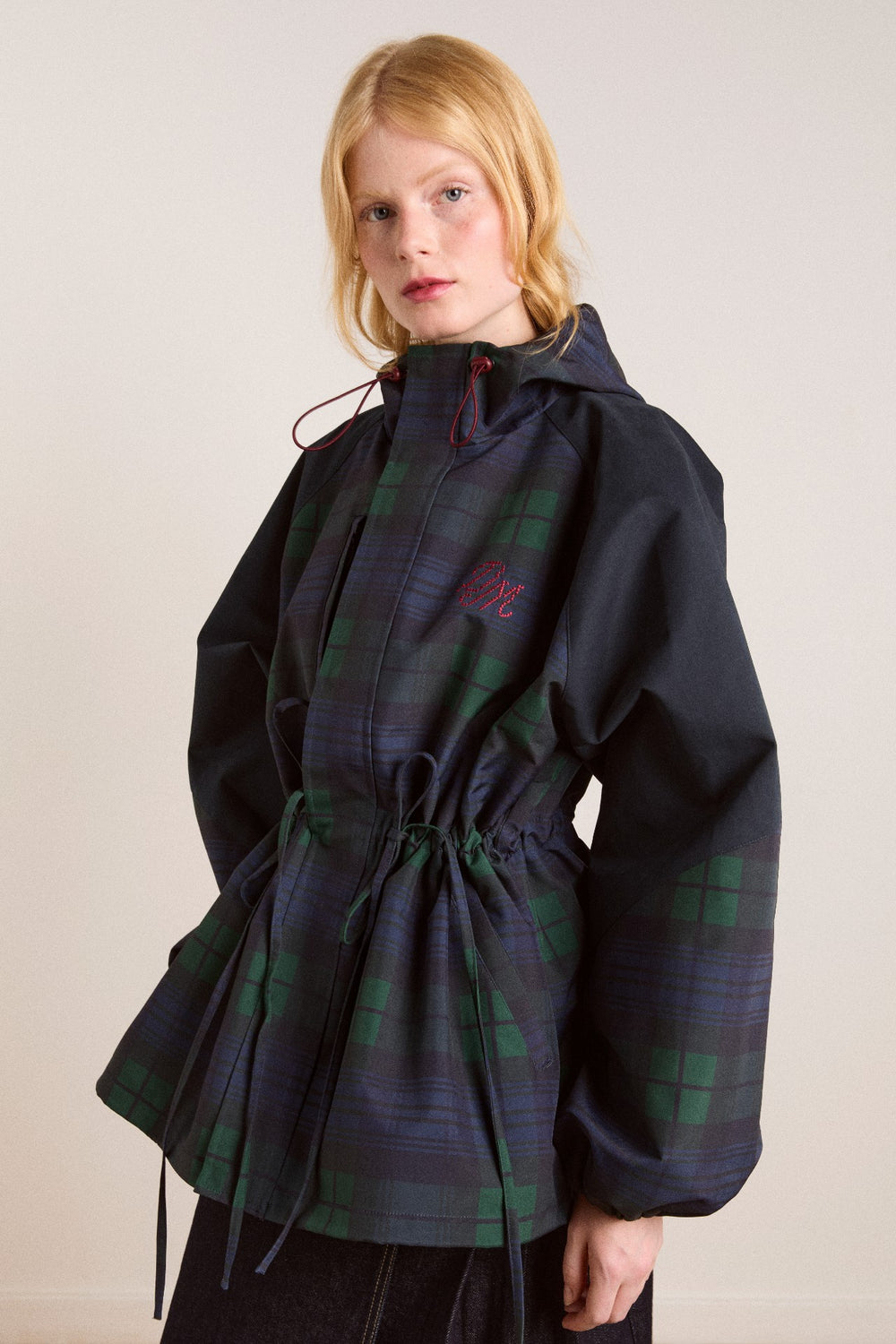 Navy Check Rain Coat | Cinched Waist Rain Jacket
