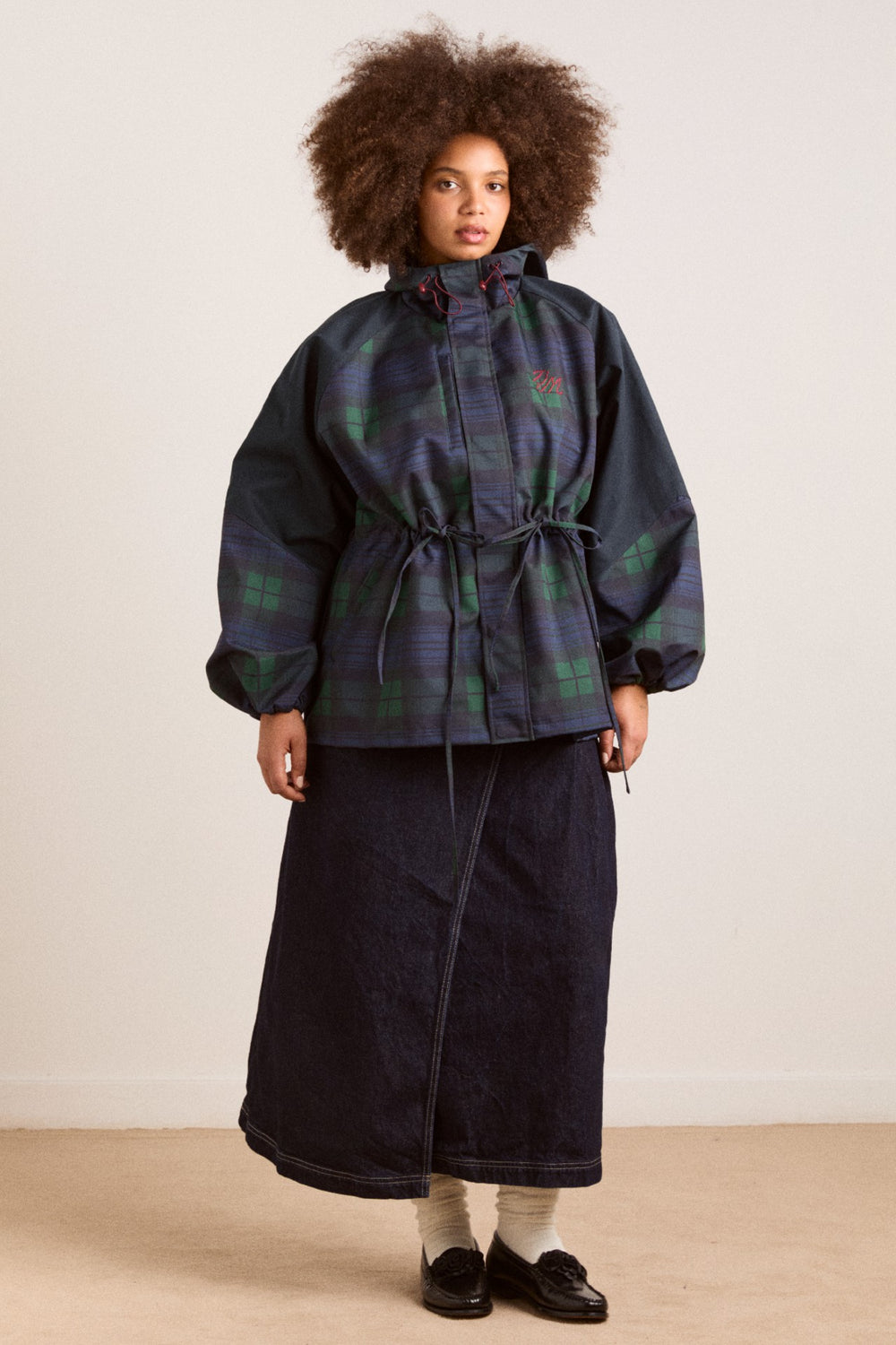 Navy Check Rain Coat | Cinched Waist Rain Jacket