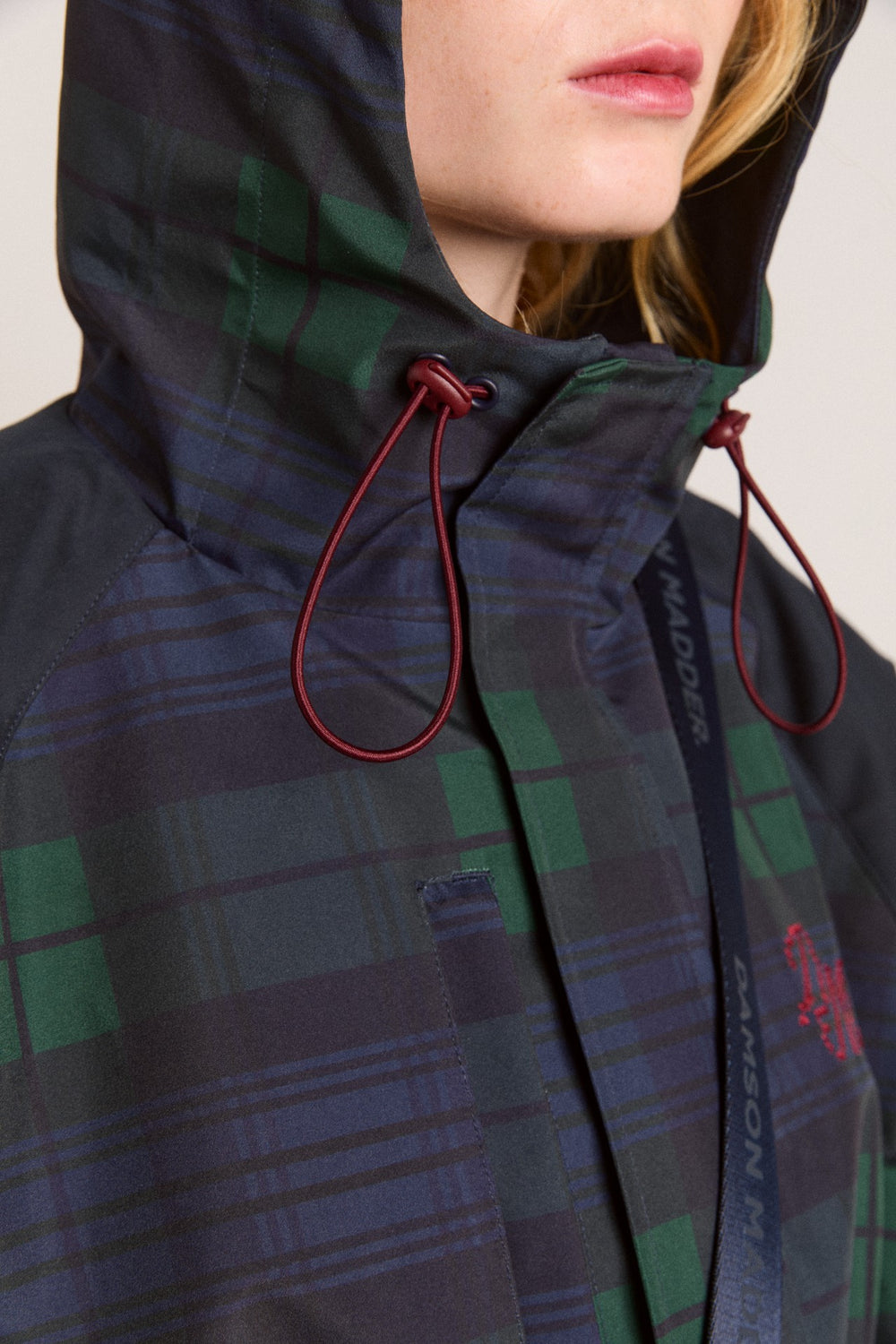 Navy Check Rain Coat | Cinched Waist Rain Jacket