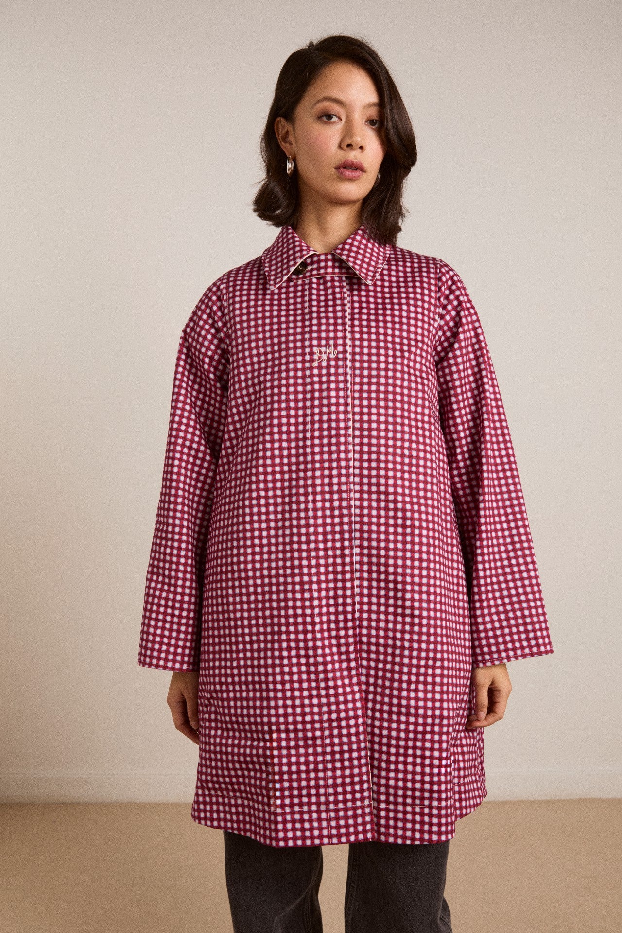 mercedes bow reversible trench - ecru & gingham coat