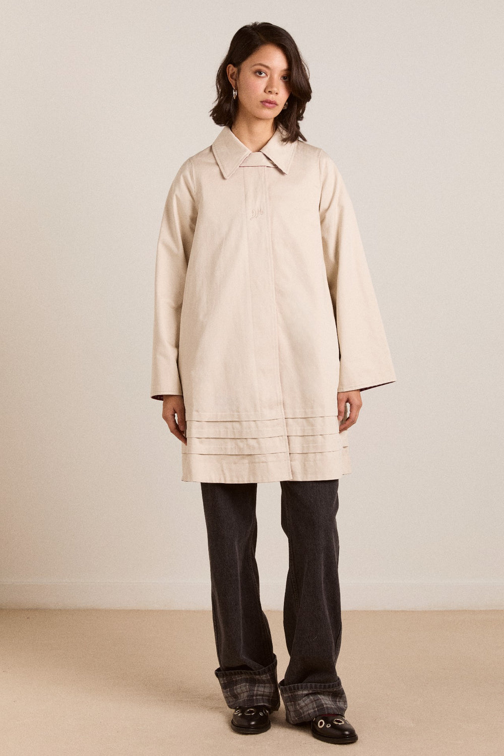 mercedes bow reversible trench - ecru & gingham coat