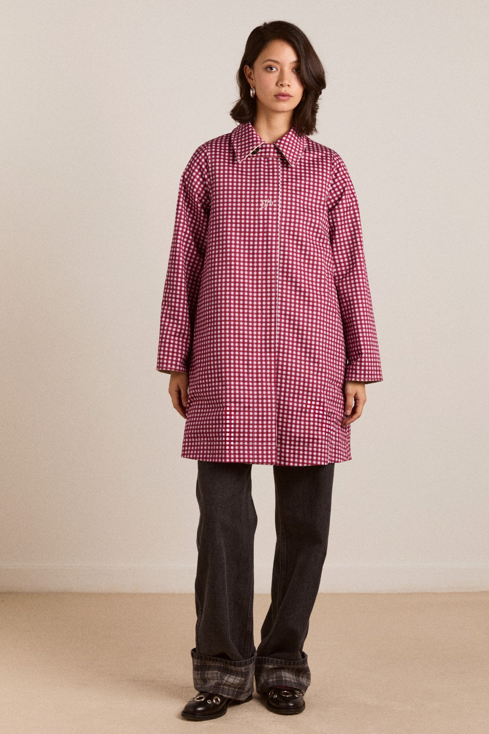 mercedes bow reversible trench - ecru & gingham coat