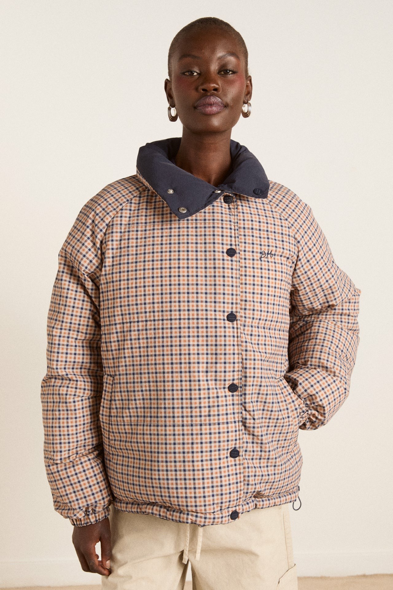 reversible opal puffer - navy & check