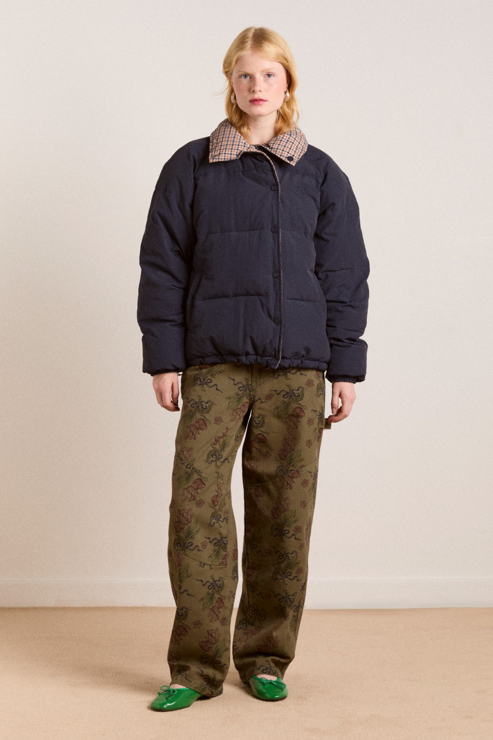 reversible opal puffer - navy & check