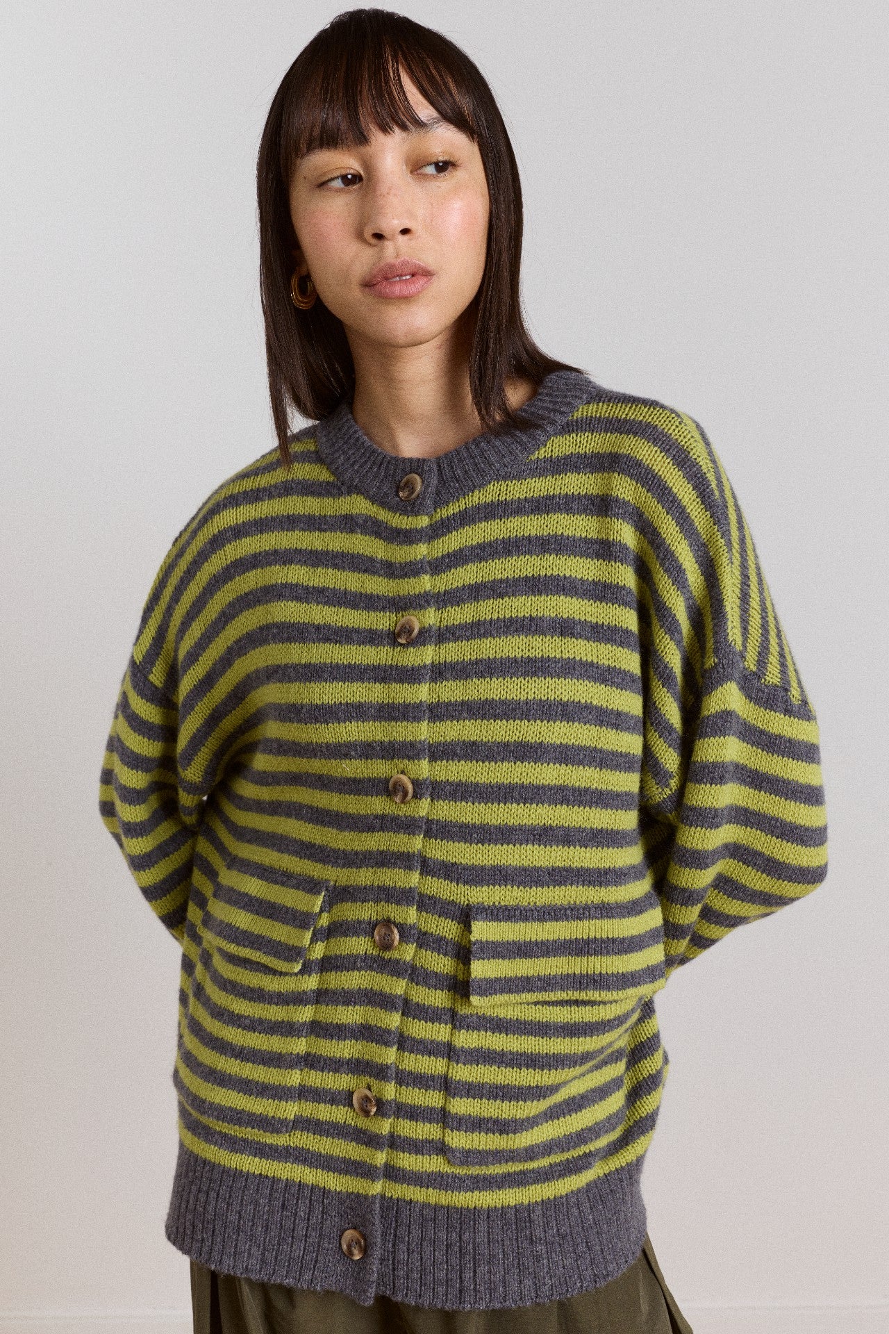 anouk cardigan with removable hood - olive/grey