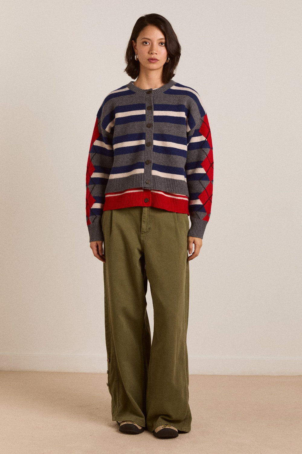 didi merino wool double cardigan - navy argyle & stripe