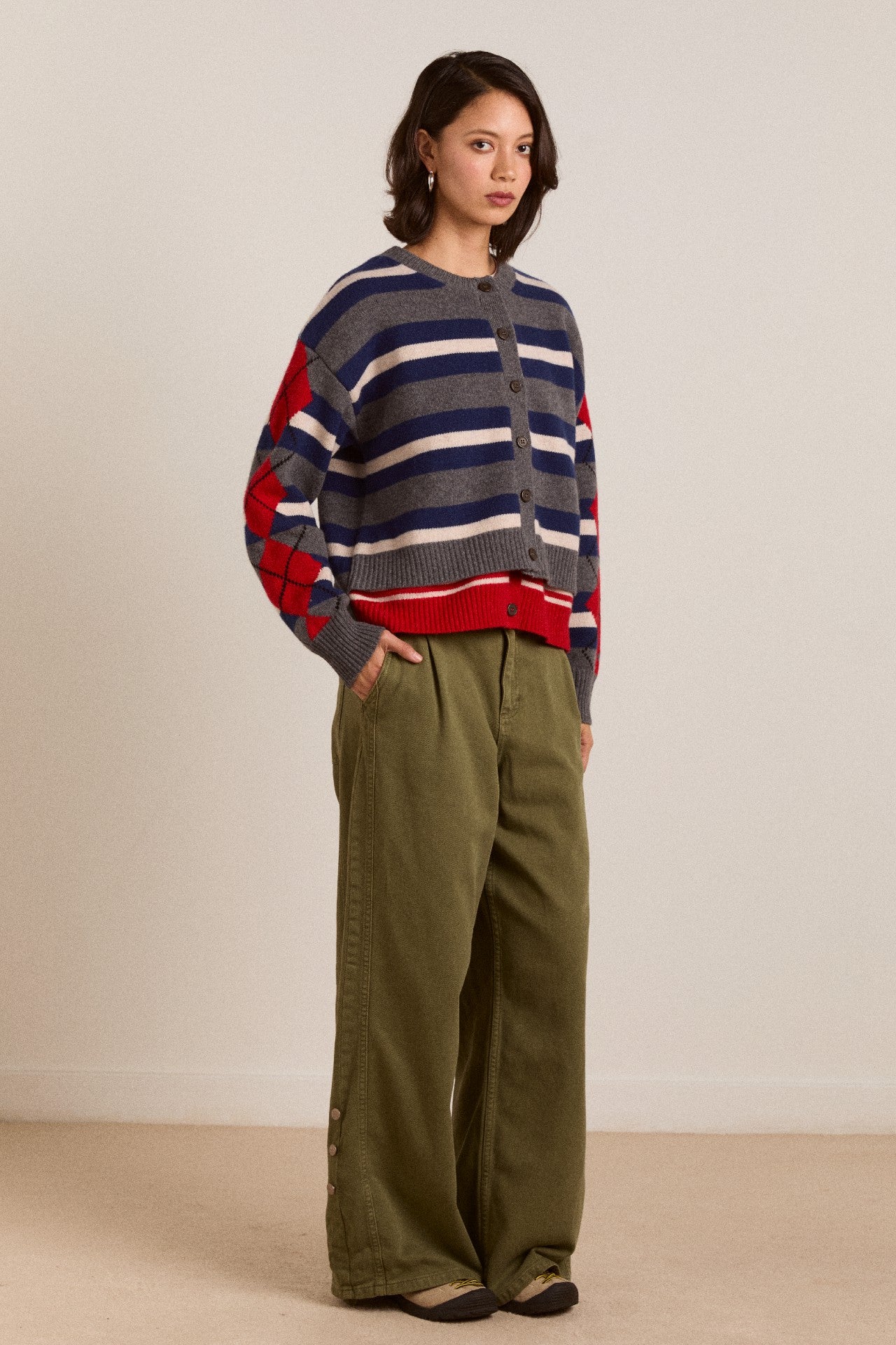 didi merino wool double cardigan - navy argyle & stripe