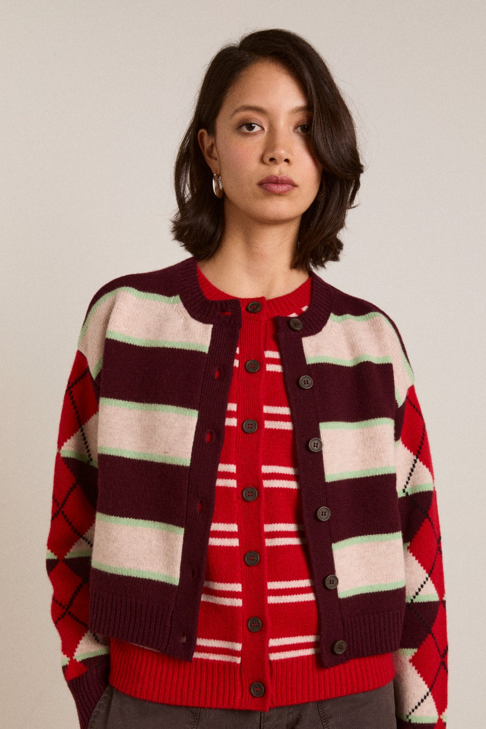 didi merino wool double cardigan - burg argyle & stripe
