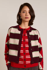 didi merino wool double cardigan - burg argyle & stripe