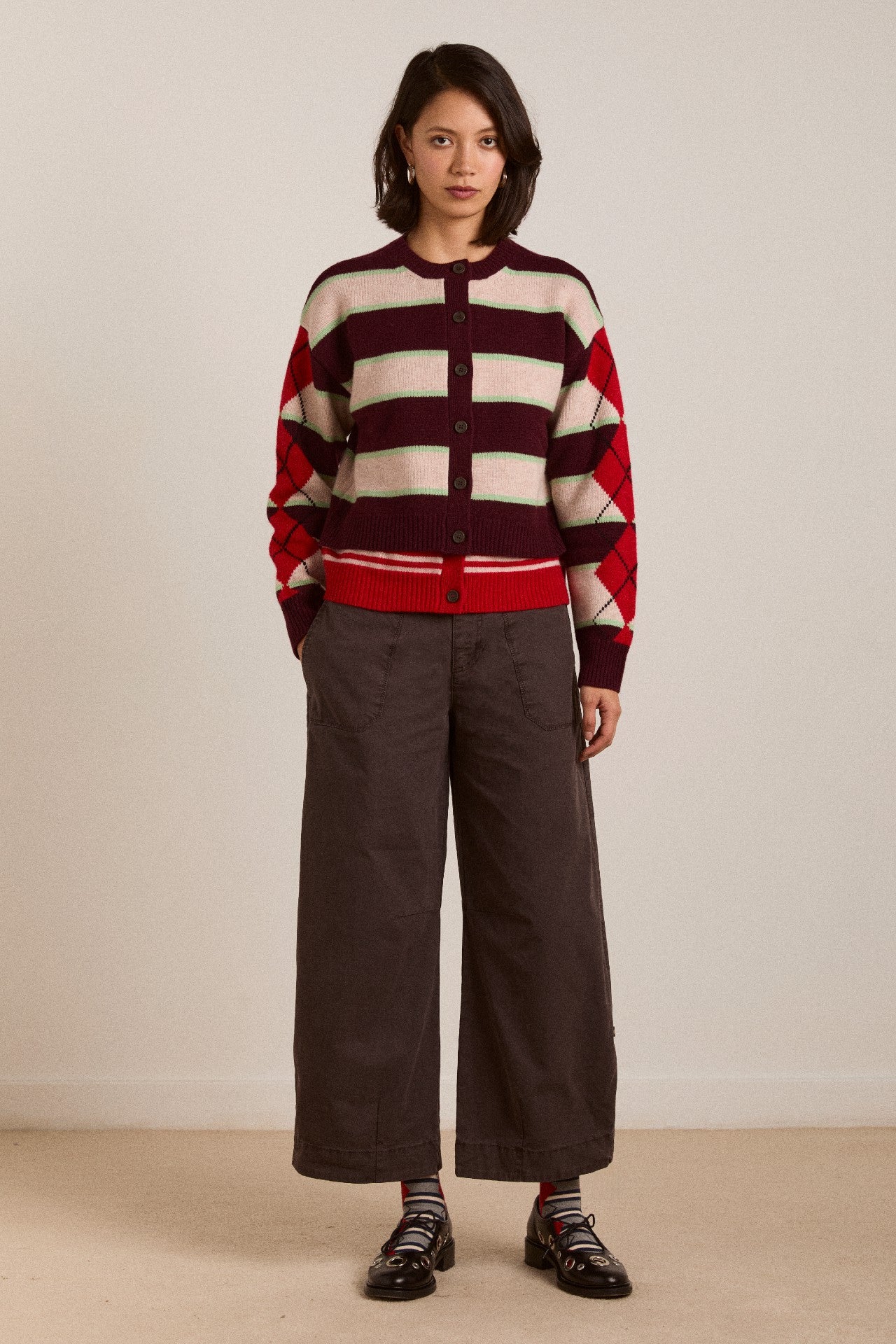 didi merino wool double cardigan - burg argyle & stripe