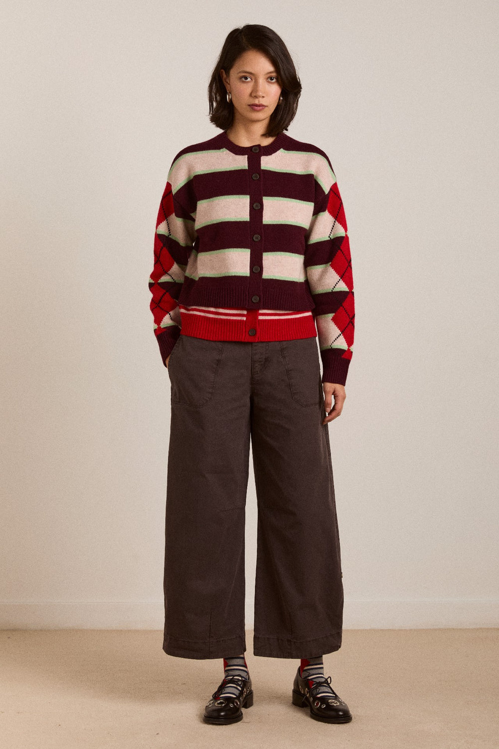 didi merino wool double cardigan - burg argyle & stripe