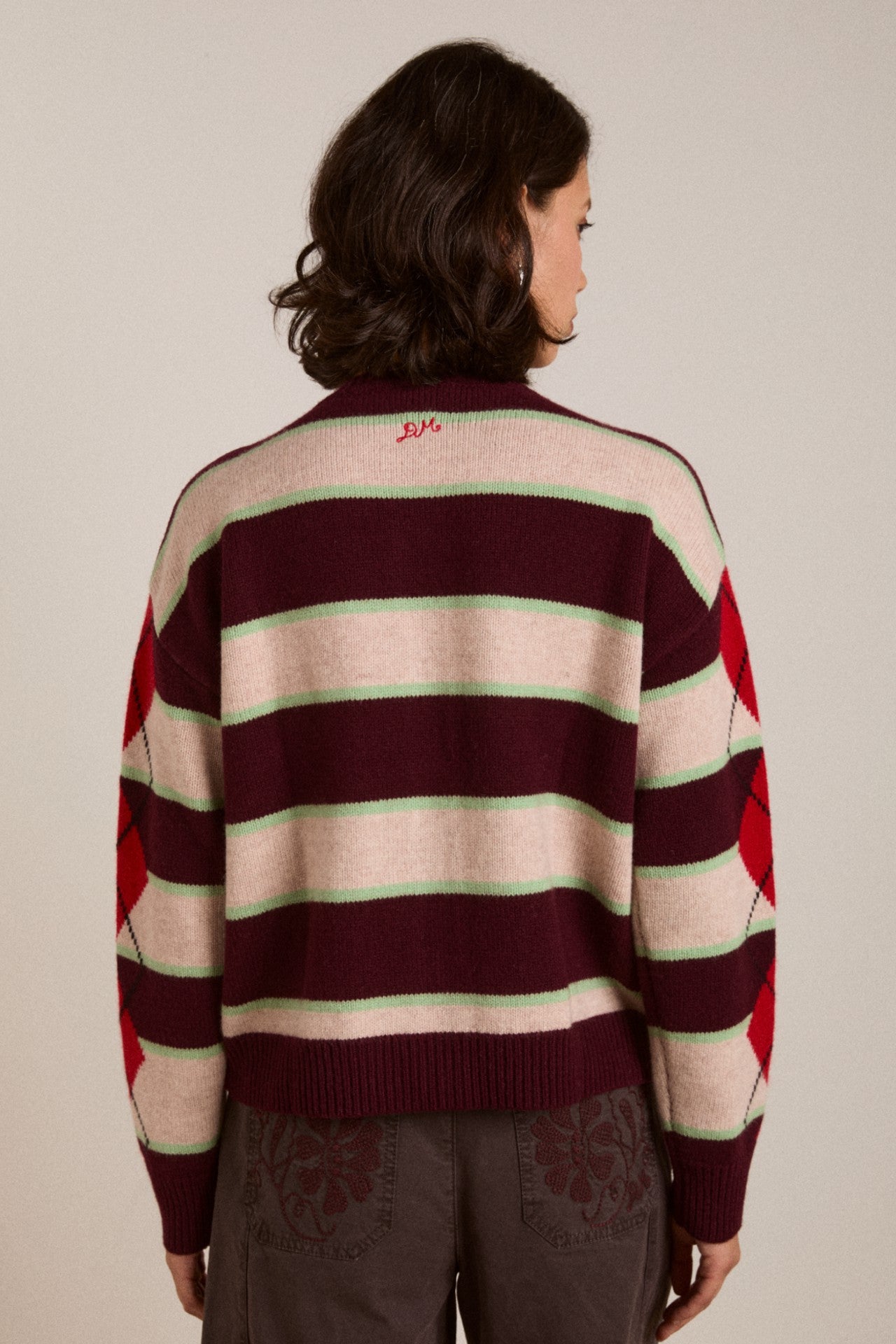 didi merino wool double cardigan - burg argyle & stripe