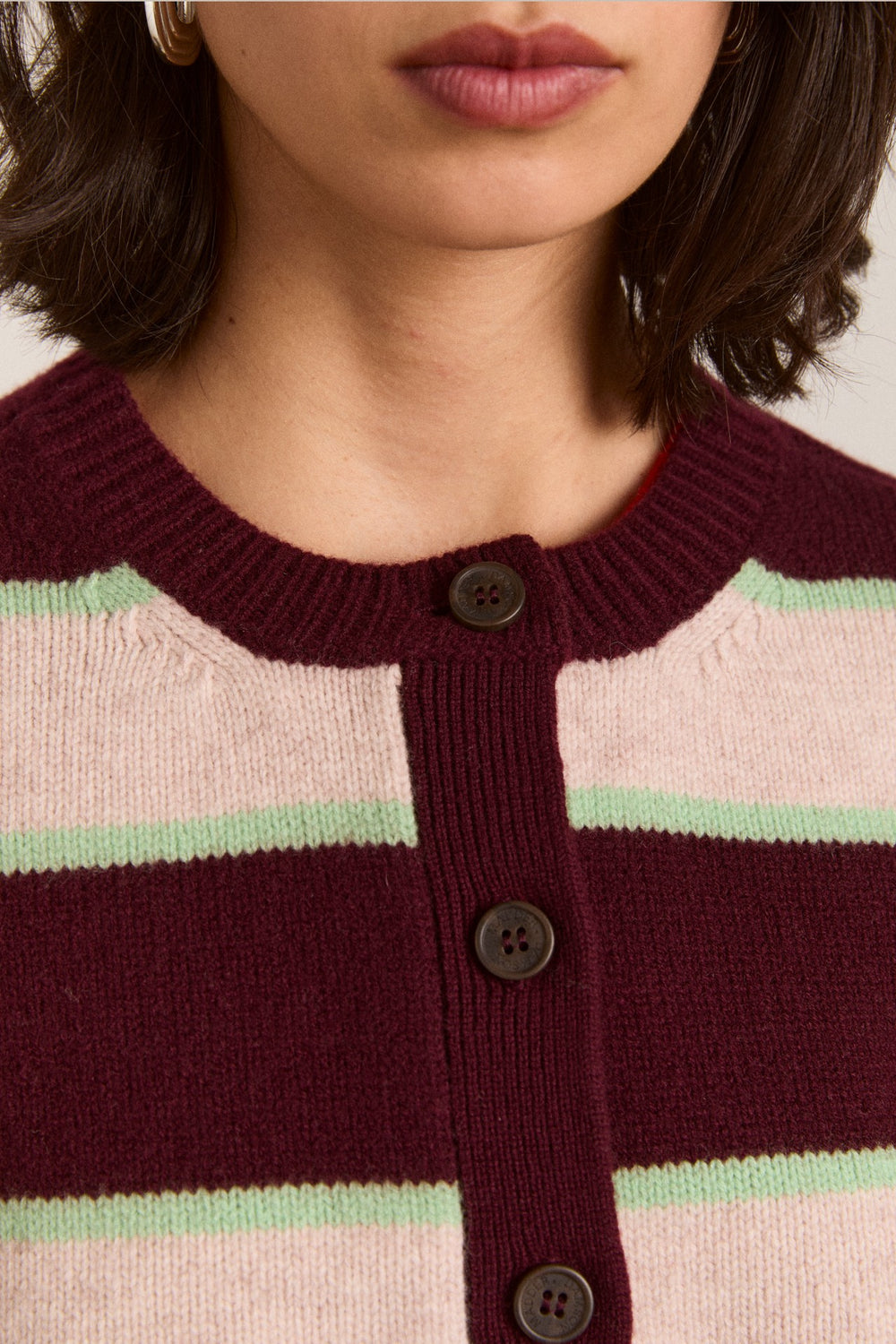 didi merino wool double cardigan - burg argyle & stripe