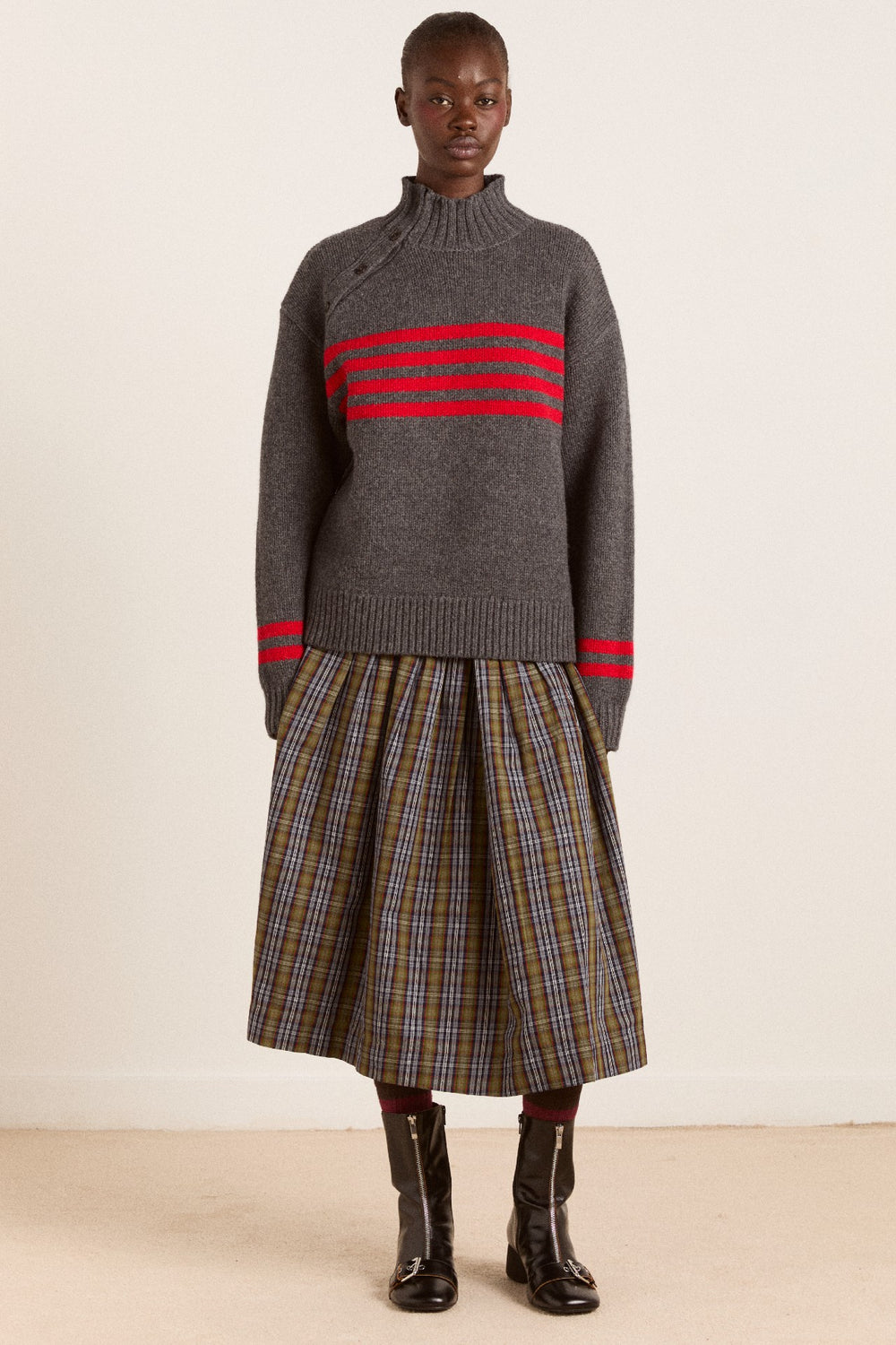 tallulah high neck lambswool jumper - charcoal/red