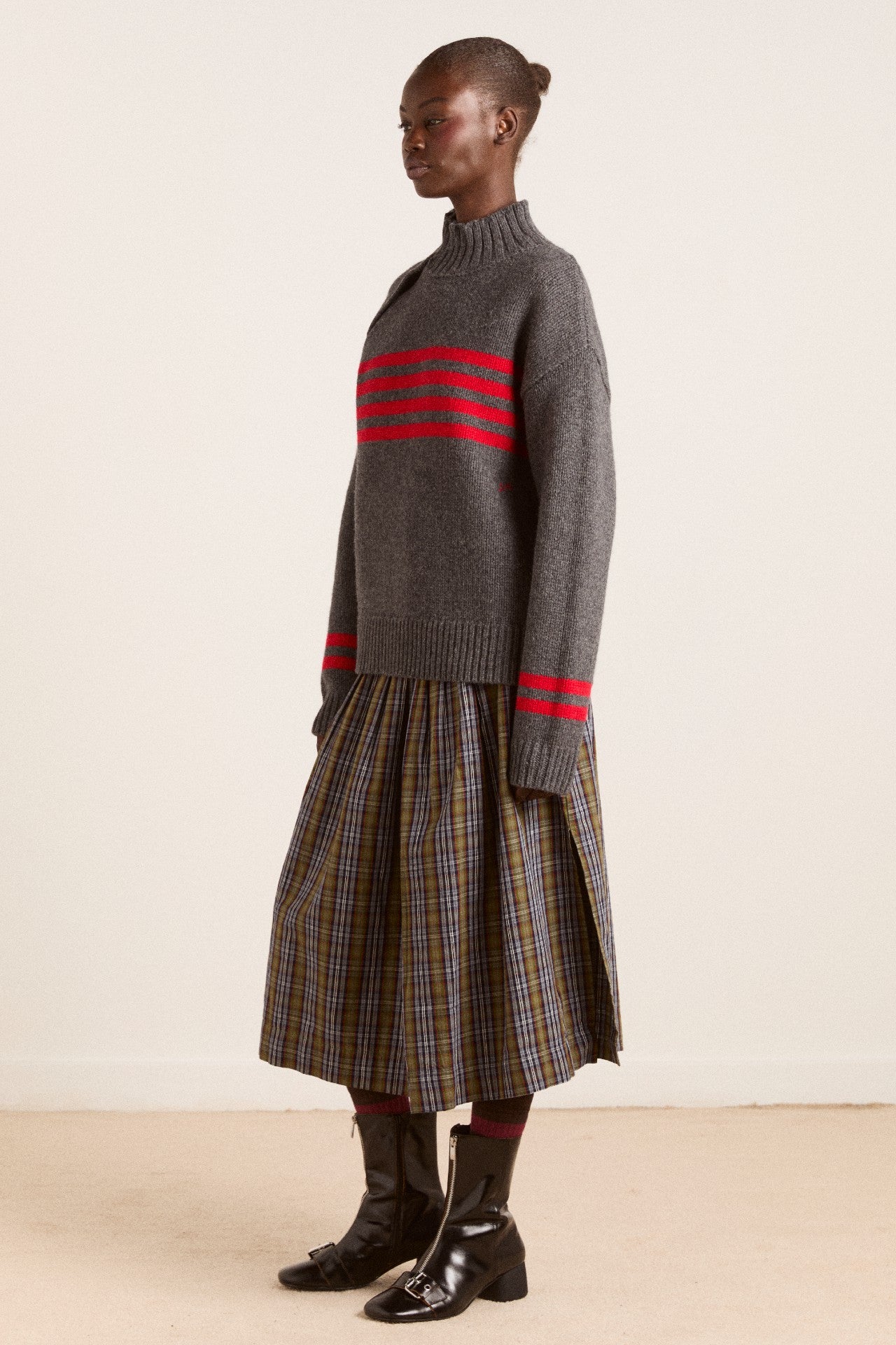 tallulah high neck lambswool jumper - charcoal/red