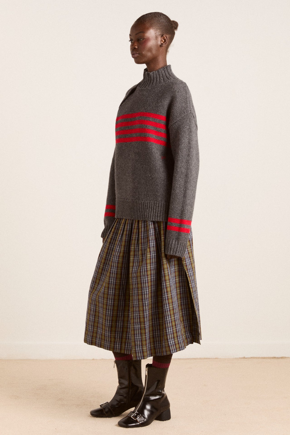 tallulah high neck lambswool jumper - charcoal/red