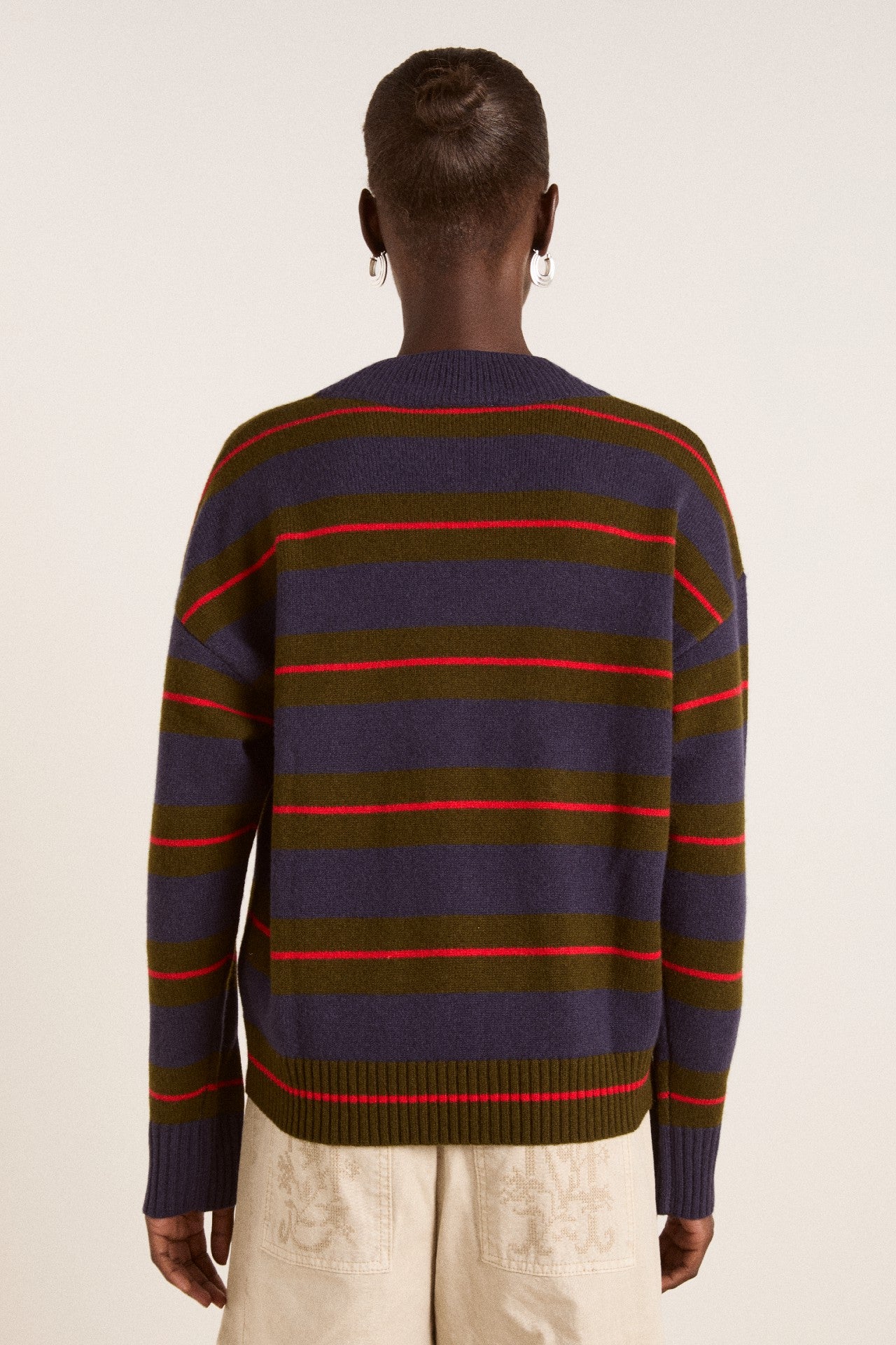 odette v-neck merino wool jumper-olive/navy stripe