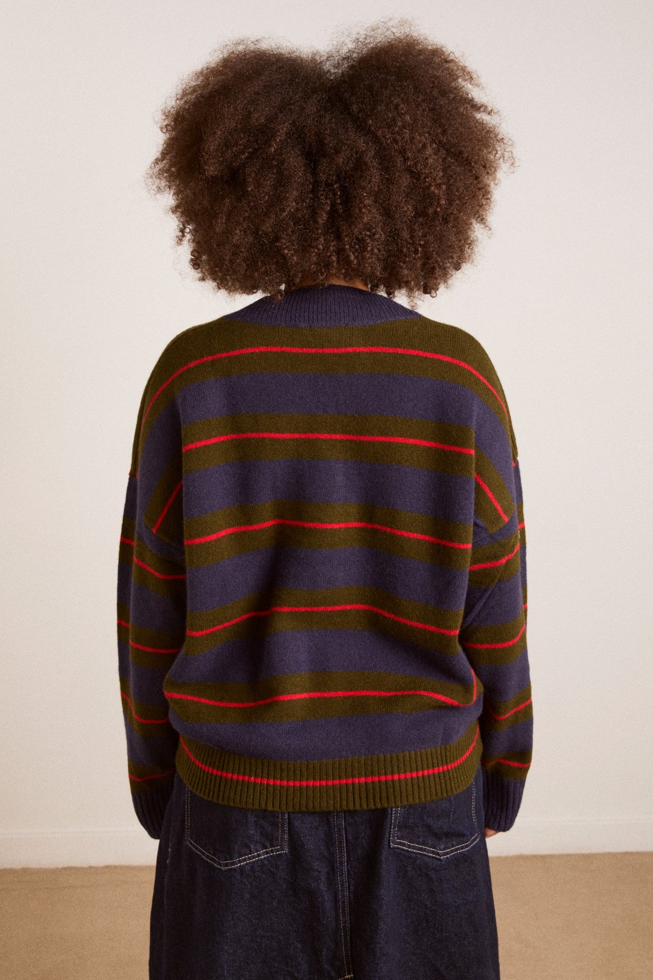 odette v-neck merino wool jumper-olive/navy stripe