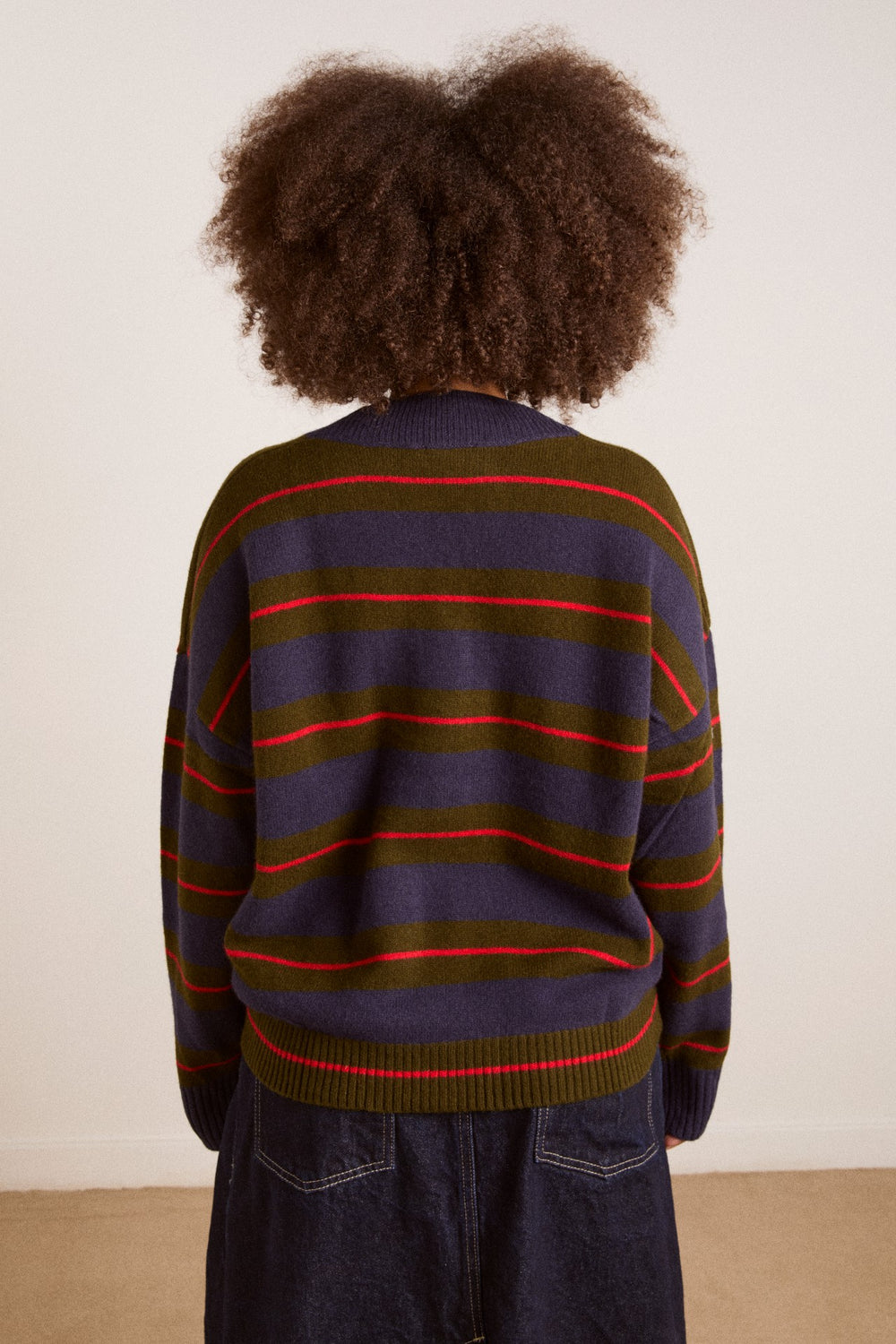 odette v-neck merino wool jumper-olive/navy stripe