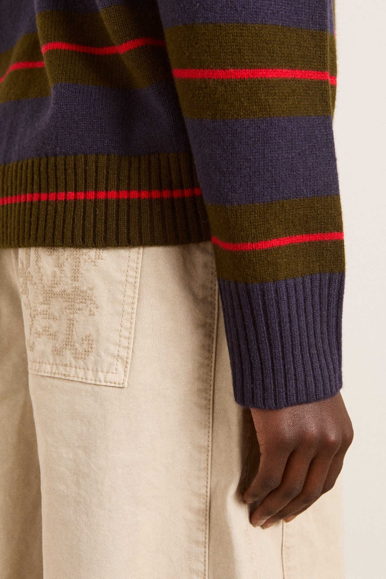 odette v-neck merino wool jumper-olive/navy stripe
