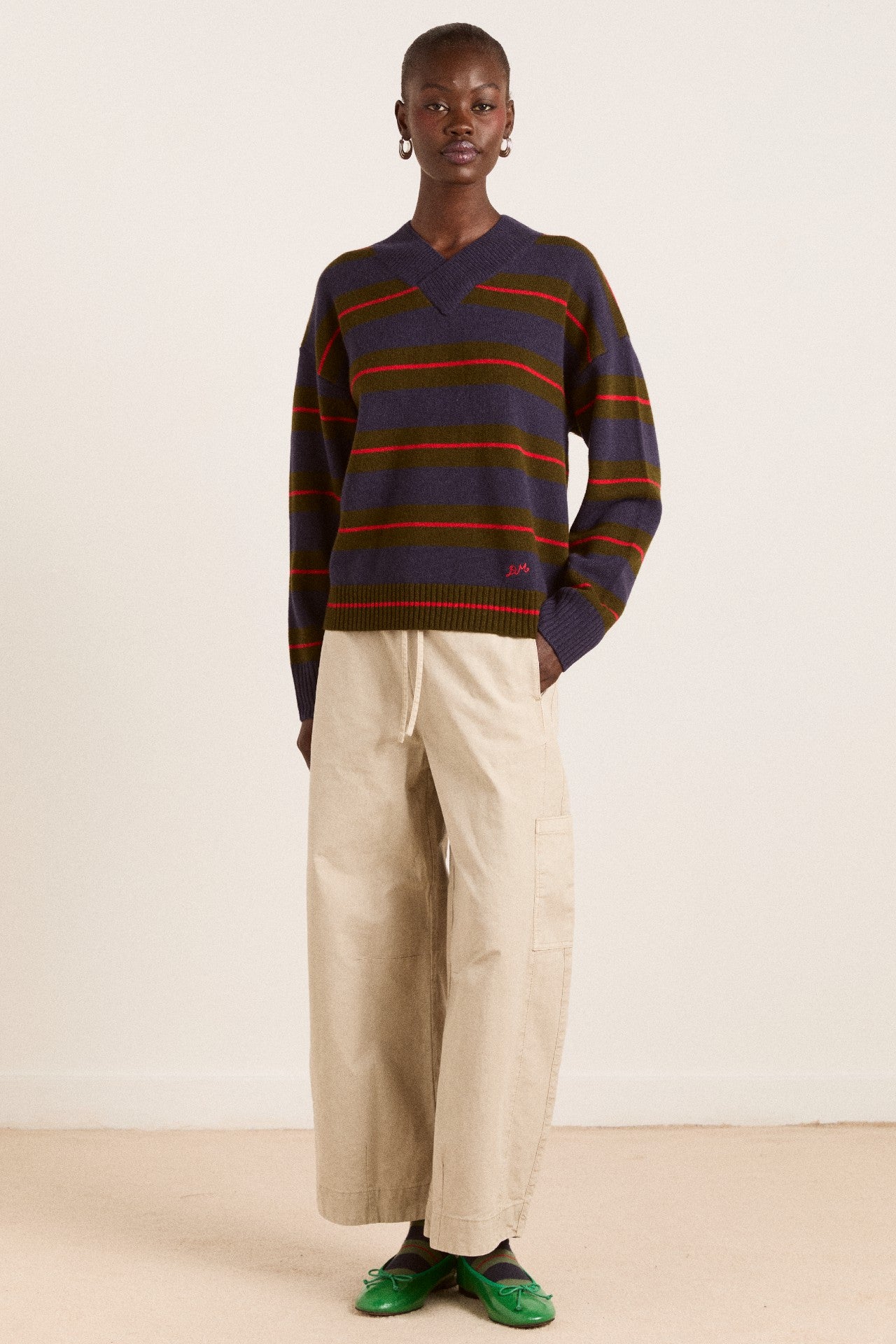 odette v-neck merino wool jumper-olive/navy stripe