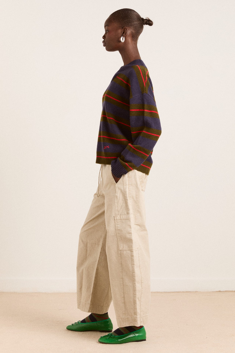odette v-neck merino wool jumper-olive/navy stripe