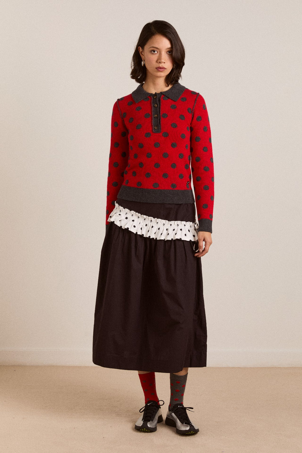 lia merino wool reversible polo jumper - red/grey spot